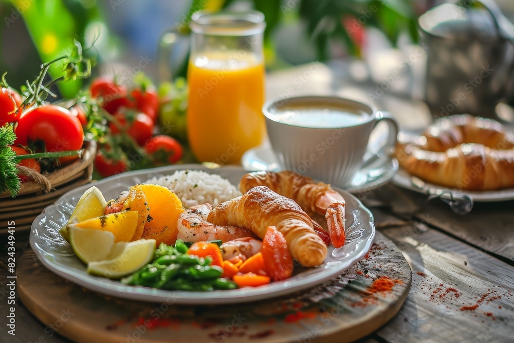 Healthy Breakfast with coffee croissants orange juice and fruits Rice with vegetables and shrimp, AI-generated