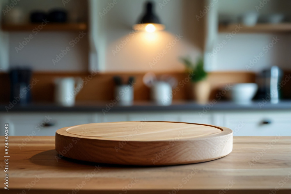 Empty beautiful round wood tabletop counter on interior in clean and bright kitchen background Empty beautiful round wood tabletop counter on interior in clean and bright kitchen background