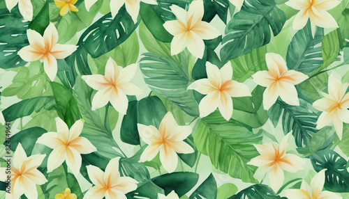 Watercolor of Tropical spring floral green leaves and flowers s isolated on transparent png background  bouquets greeting or wedding card decoration  with Generative Ai