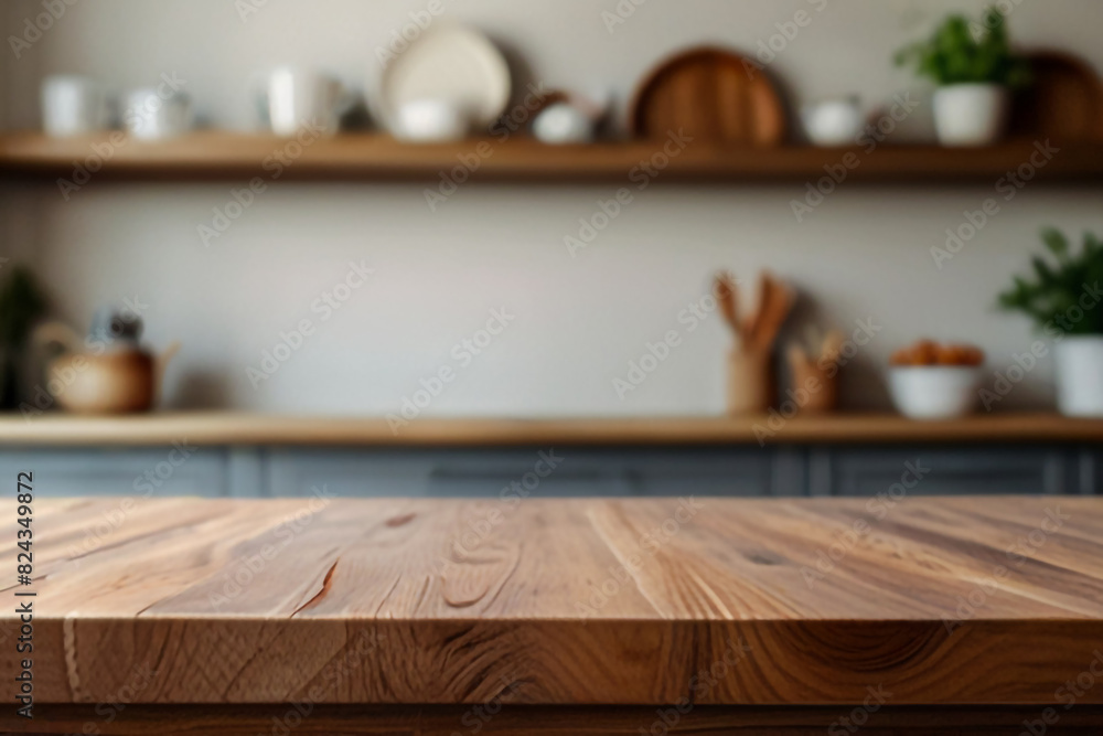 Empty beautiful round wood tabletop counter on interior in clean and bright kitchen background Empty beautiful round wood tabletop counter on interior in clean and bright kitchen background