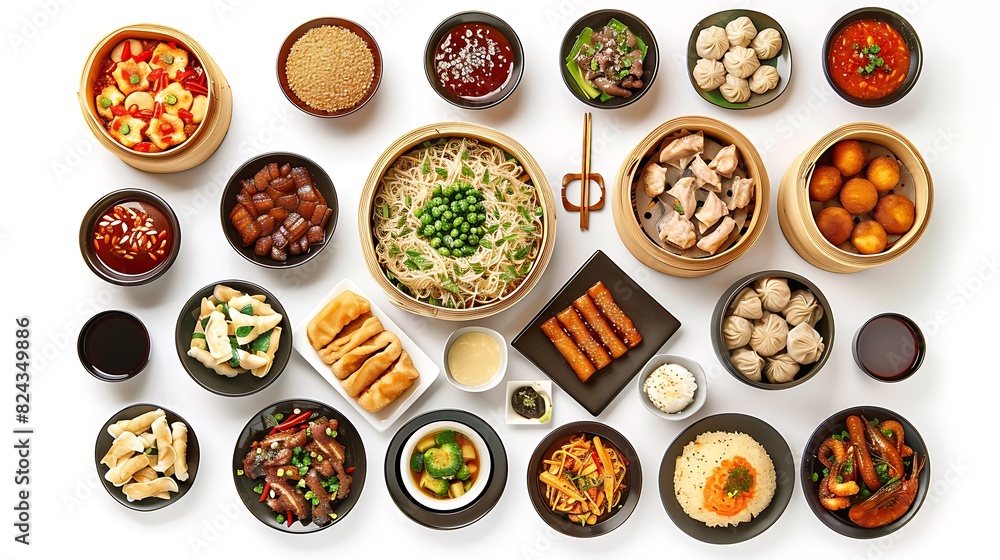 Authentic Chinese Food Feast in High Definition 8K from Top View on White Background Authentic Chinese Food Feast in High Definition 8K from Top View on White Background