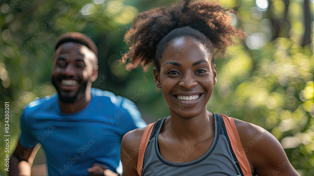 Happy african american woman and man running in a forest Happy african american woman and man running in a forest