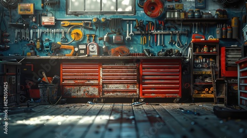 commercial photo, close-up, garage tools, bottom view, soft light