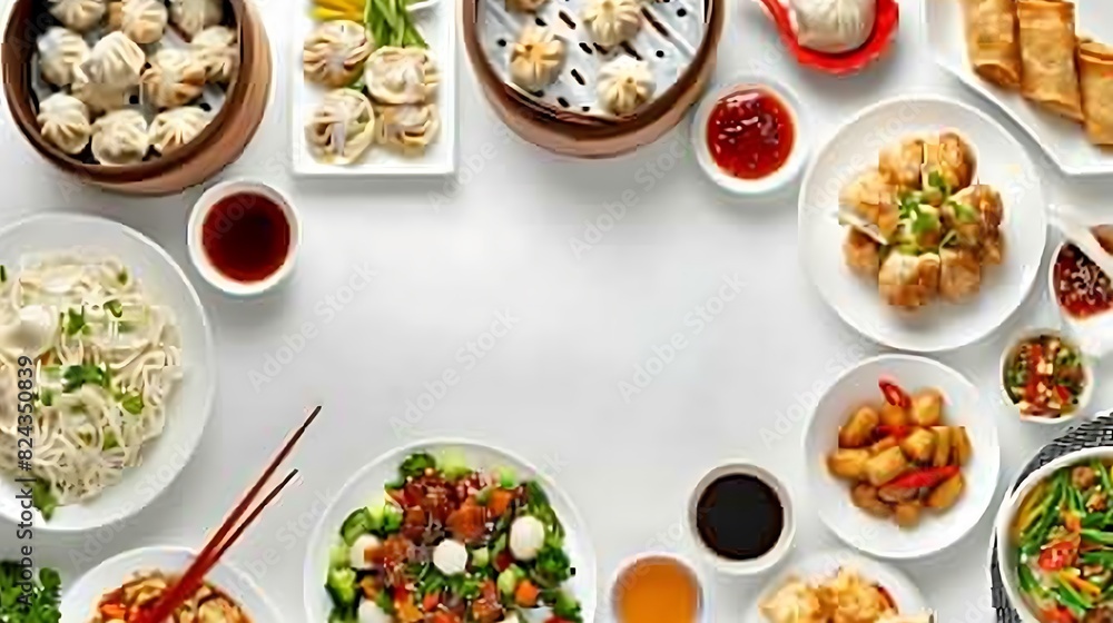 Authentic Chinese Food Spread on White Background in HD 8K Resolution - Top View Realistic Group of Oriental Cuisine Authentic Chinese Food Spread on White Background in HD 8K Resolution - Top View Realistic Group of Oriental Cuisine