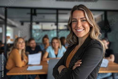 Young successful businesswoman at corporate office looking at camera. Smile and give off a confident look