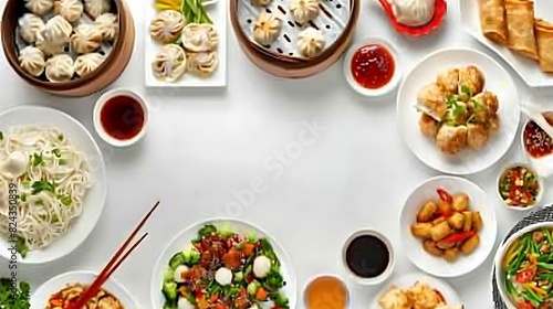 Wallpaper Mural Authentic Chinese Food Spread on White Background in HD 8K Resolution - Top View Realistic Group of Oriental Cuisine Torontodigital.ca