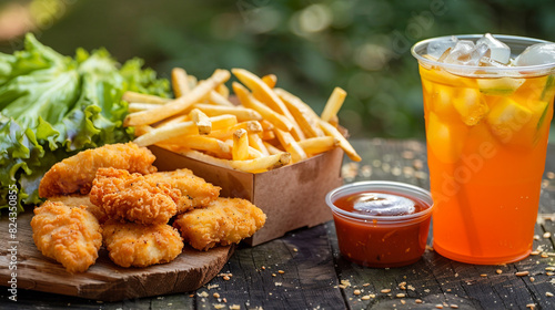 A scenic park setting with fried chicken nuggets  crispy fries  a cold drink  and sauce on a rustic wooden table