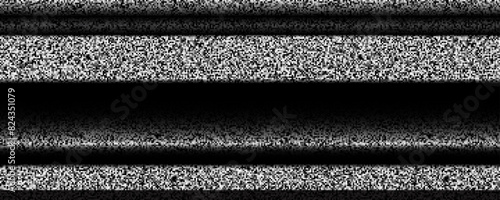 TV static noise background. Glitched pixelated screen texture. VHS video with black stripes, interferences and glitches. White noise signal grain for poster, banner. Television screen. Vector