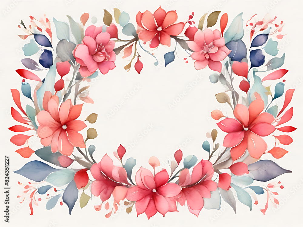 Fototapeta premium Square frame decorated with colorful delicate pink flowers and green leaves rests on a white background.