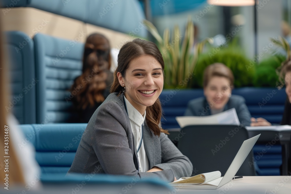 Young successful businesswoman at corporate office looking at camera. Smile and give off a confident look Young successful businesswoman at corporate office looking at camera. Smile and give off a confident look