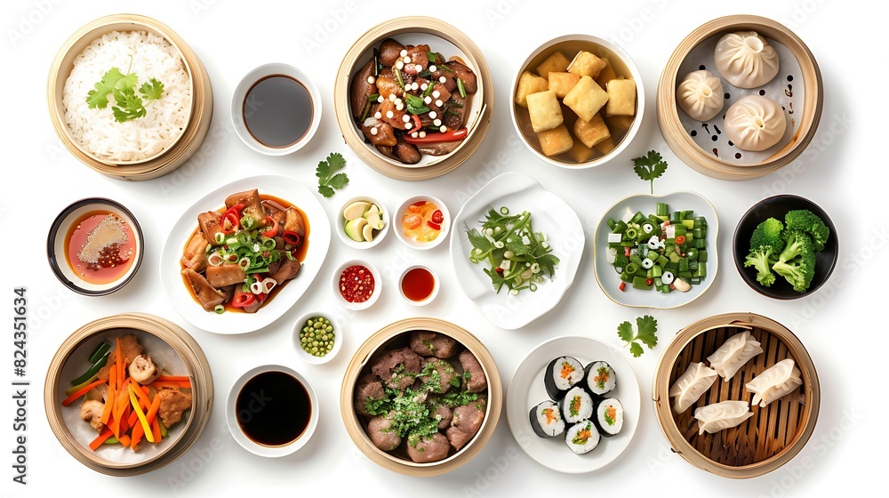 Authentic Chinese Cuisine Spread - Top View of Delicious Chinese Food on White Background in High Definition 8K Quality Authentic Chinese Cuisine Spread - Top View of Delicious Chinese Food on White Background in High Definition 8K Quality