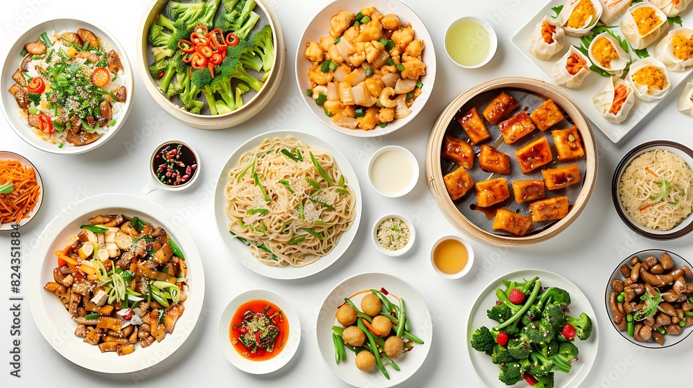 Authentic Chinese Food Spread on a White Background in HD 8K Resolution - Top View Realistic Group Presentation for Culinary Concepts Authentic Chinese Food Spread on a White Background in HD 8K Resolution - Top View Realistic Group Presentation for Culinary Concepts