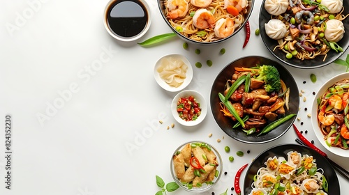 Authentic Chinese Cuisine Collection in Top View on Plain White Background, 8K HD Quality