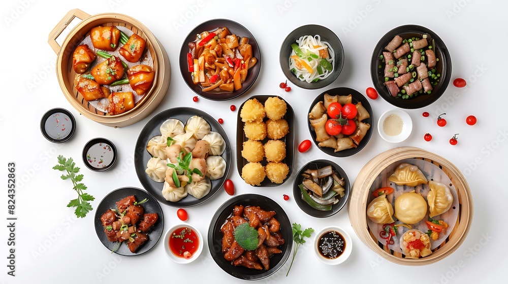 Authentic Chinese Cuisine Spread in High Definition 8K Top View on Plain White Background for Culinary Concepts Authentic Chinese Cuisine Spread in High Definition 8K Top View on Plain White Background for Culinary Concepts