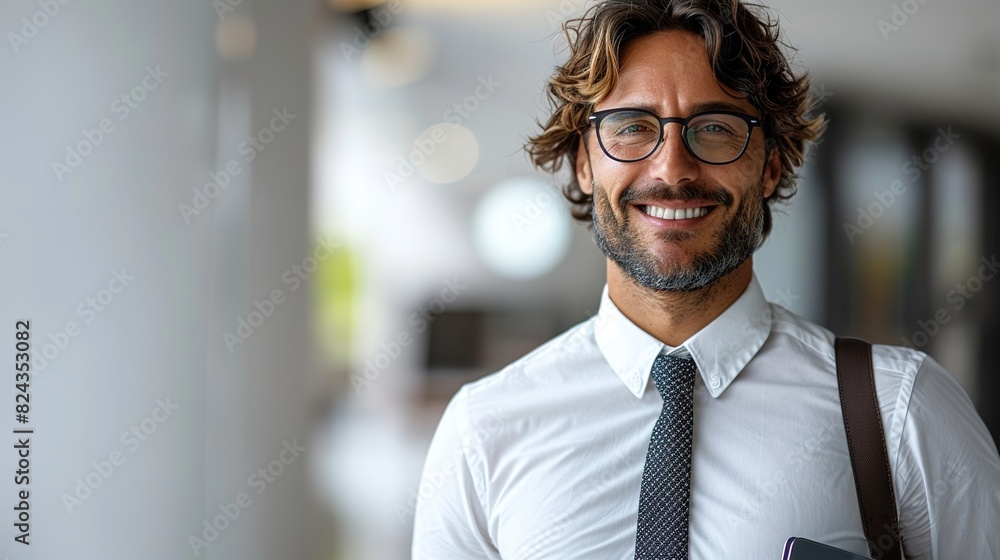 confident business man in a crisp shirt and tie, smiling at the camera against a neutral white background with a laptop confident business man in a crisp shirt and tie, smiling at the camera against a neutral white background with a laptop