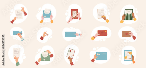 Hand hold mail and letter cartoon set illustration, flat hands write or send paper envelope, trendy style abstract background with handmade post card template, character read handwritten letter.