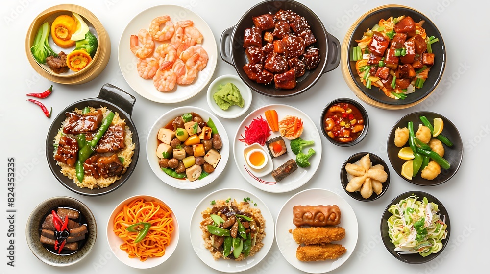 Authentic Chinese Food Spread from Top View on Plain White Background in HD 8K Resolution Authentic Chinese Food Spread from Top View on Plain White Background in HD 8K Resolution