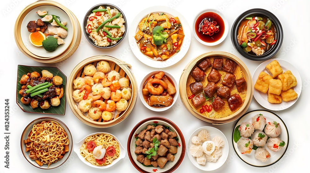 Rich Selection of Chinese Food in Top-Down View on Clean White Background, High Definition 8K Image. Rich Selection of Chinese Food in Top-Down View on Clean White Background, High Definition 8K Image.