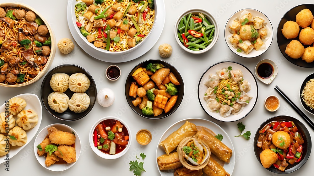 Authentic Chinese Cuisine Spread in High Definition 8K, Top View on Plain White Background Authentic Chinese Cuisine Spread in High Definition 8K, Top View on Plain White Background