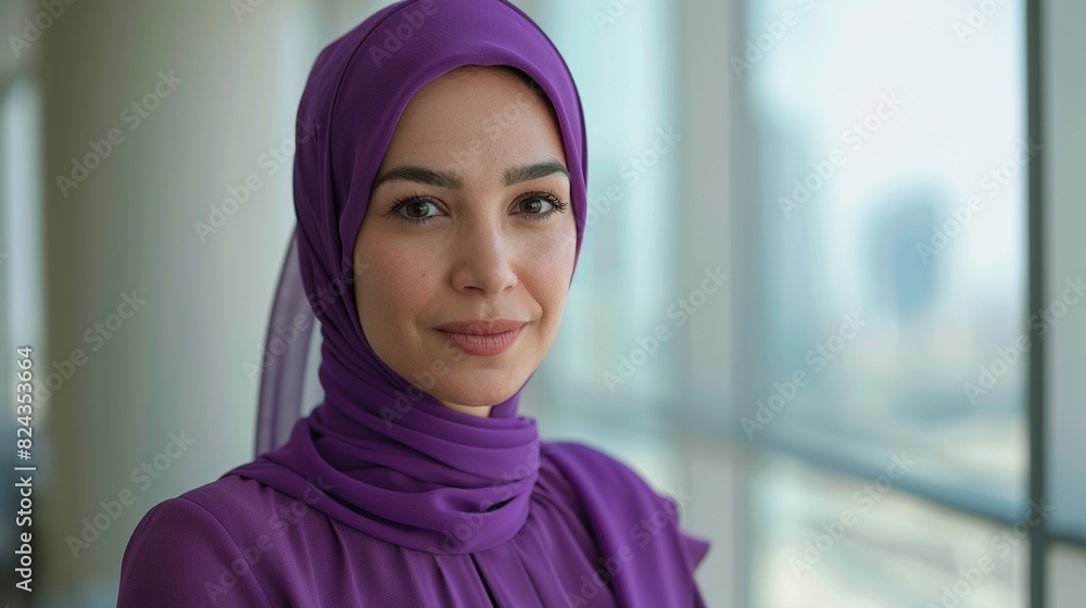 A confident Middle Eastern businesswoman in a bold purple dress, leading a team discussion in a bright and airy office space A confident Middle Eastern businesswoman in a bold purple dress, leading a team discussion in a bright and airy office space