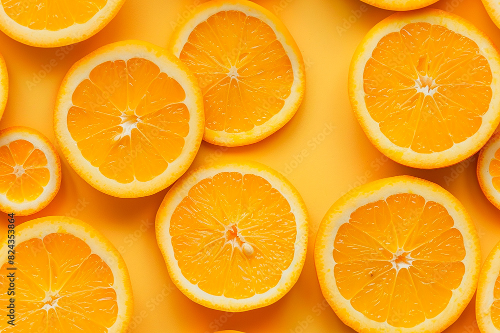 Slices of fresh oranges arranged on a vibrant orange background Slices of fresh oranges arranged on a vibrant orange background