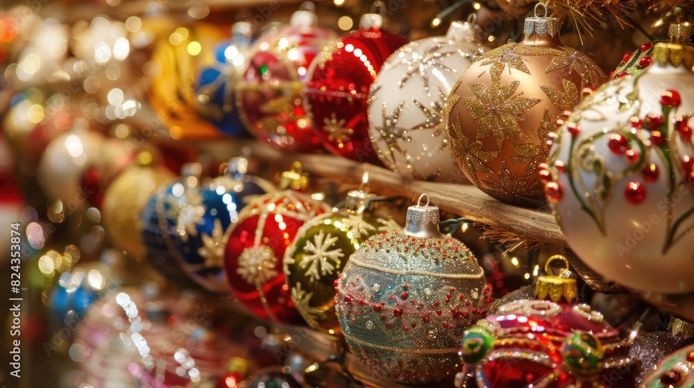 Fototapeta premium Christmas Decorations. Assorted Balls in Festive Holiday Container