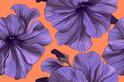 Elegant seamless pattern of large purple flowers on an orange background, perfect for decoration and tiling projects, adding a floral and ornamental touch to any design