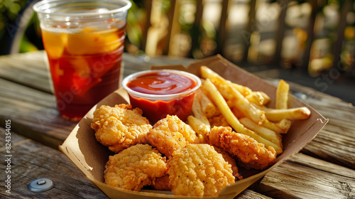 Fried chicken nuggets and fries served on a rustic table in a bustling park  with a cool drink and tangy dipping sauce