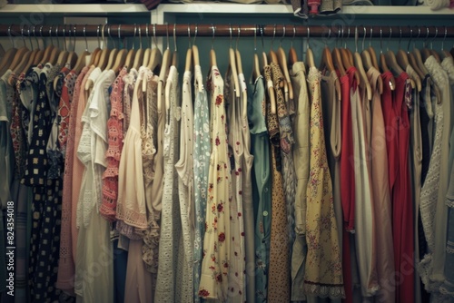 Clothes Collection: Hanging Rack Display of Dresses and Apparel at Home © Vlad