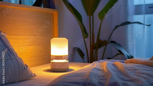 A bedside lamp that emits calming sleepinducing light frequencies based on scientific research.. photo