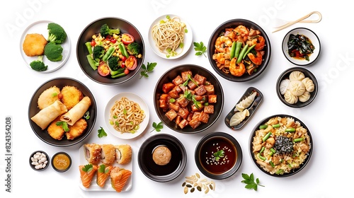 Authentic Chinese Cuisine Selection from Above on White Background in Stunning 8K Resolution