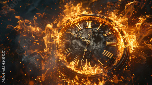 Burning clock, with flames consuming its face, creating a striking image of time dissolving in fiery destruction. photo
