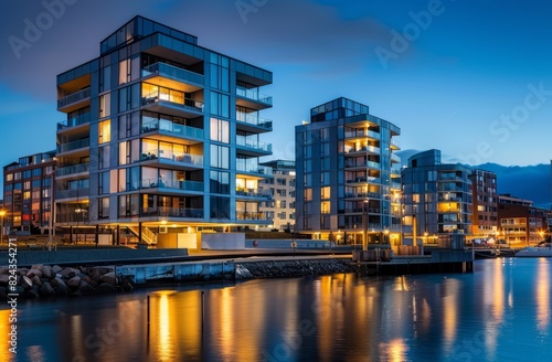 Modern apartment buildings near the sea in a suburban area. Scandinavian architecture with glass facades and lights at night  street lighting in a wide angle shot