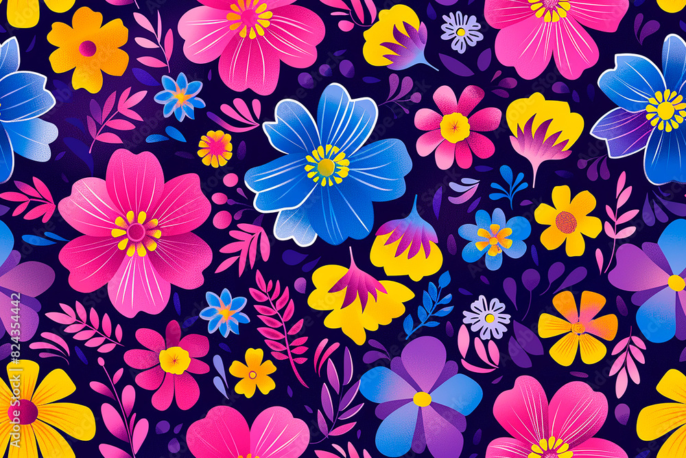 Seamless pattern of vibrant flowers in pink, blue, and yellow on a dark background, perfect for decoration and tile designs, adding a lively and colorful touch to any project Seamless pattern of vibrant flowers in pink, blue, and yellow on a dark background, perfect for decoration and tile designs, adding a lively and colorful touch to any project