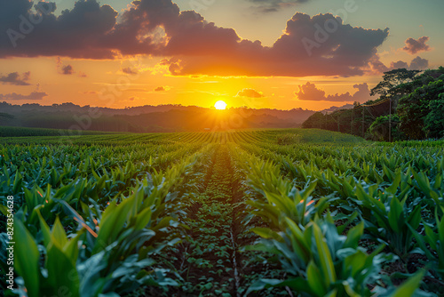 sunset in the field, Brazilian sugarcane plantation at sunset. Agriculture landscape 