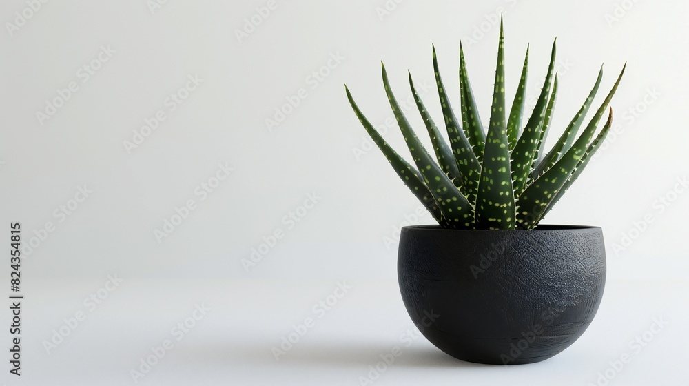 Chic Aloe Vera Sanctuary: Aloe Vera in dark pot against white backdrop offers chic botanical charm. Chic Aloe Vera Sanctuary: Aloe Vera in dark pot against white backdrop offers chic botanical charm.