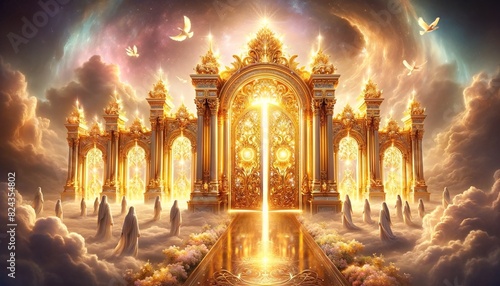 The golden gate in the clouds at the entrance to the Kingdom of Heaven and the righteous near the gate