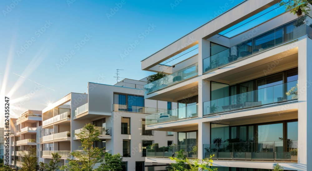 Modern apartment buildings with white exterior walls and glass balconies, the sun shining on the buildings, a real estate concept