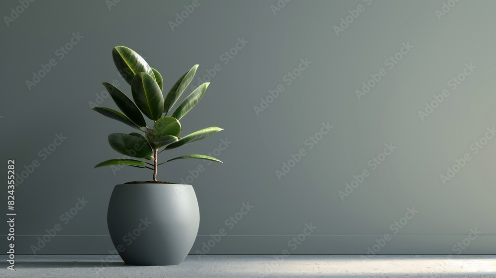 Chic Rubber Plant: Rubber plant in grey pot on calm backdrop adds chic elegance. Chic Rubber Plant: Rubber plant in grey pot on calm backdrop adds chic elegance.