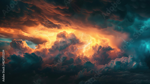 Chaotic stormy sky, illuminated by a series of cloud-to-ground lightning strikes, portraying the dramatic intensity of a thunderstorm.