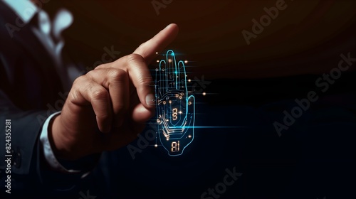 A man is pointing at a hand on a screen. The hand is made up of many small dots, and the man is using his finger to point at the hand. Concept of technology and digital art © AITechnology