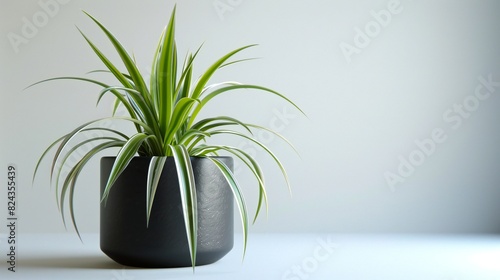 Contemporary Spider Sanctuary  Spider plant in dark pot against white background blends contemporary style with indoor greenery.