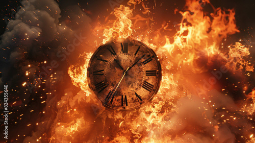 Clock face engulfed in fire, as time burns away to nothingness, evoking the transient and urgent nature of existence.