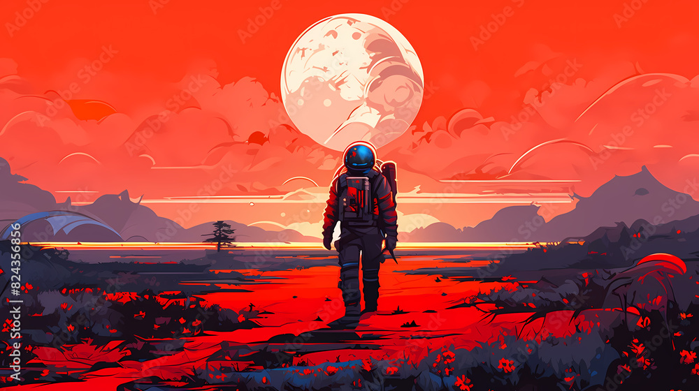 an astronaut walks in a desert landscape abstract illustration decorative painting