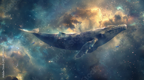 Cosmic whale surrounded by a cloud of luminous particle dust, navigating through the stars, depicting a fantastical journey in space. © Wararat