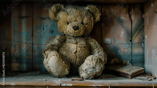 A worn-out teddy bear with faded fur, sitting on a neglected shelf.