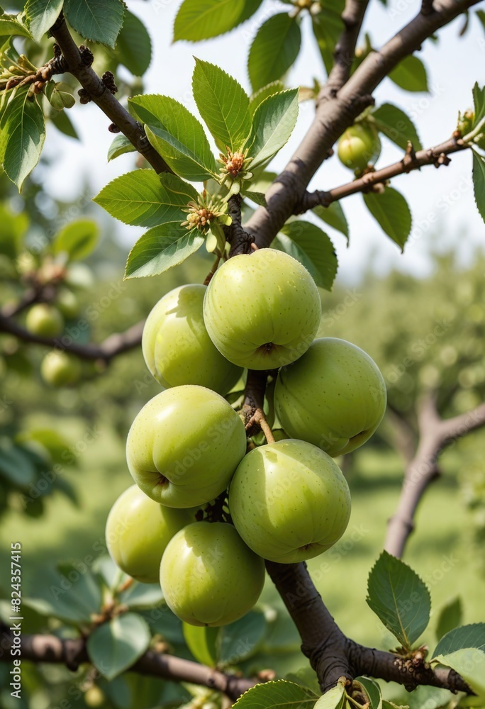 A branch of an unripe plum tree in a lush garden, adorned with green, organic plums A branch of an unripe plum tree in a lush garden, adorned with green, organic plums