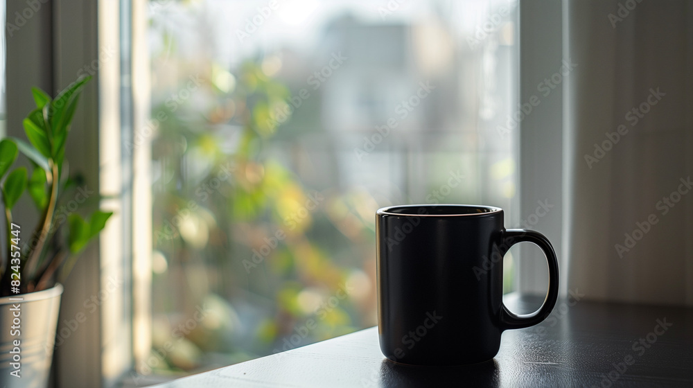 black ceramic mug on a minimalist table near the window, AI generated Images black ceramic mug on a minimalist table near the window, AI generated Images