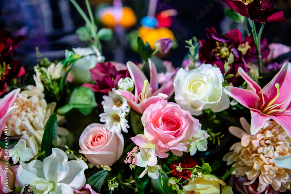 Rose Flowers in soft focus or blurred background and among other multi color orchid flowers. Rose Flowers in soft focus or blurred background and among other multi color orchid flowers.