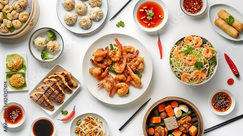 Wallpaper Mural Authentic Chinese Cuisine Spread from Above on White Background in High Definition 8K Quality Torontodigital.ca